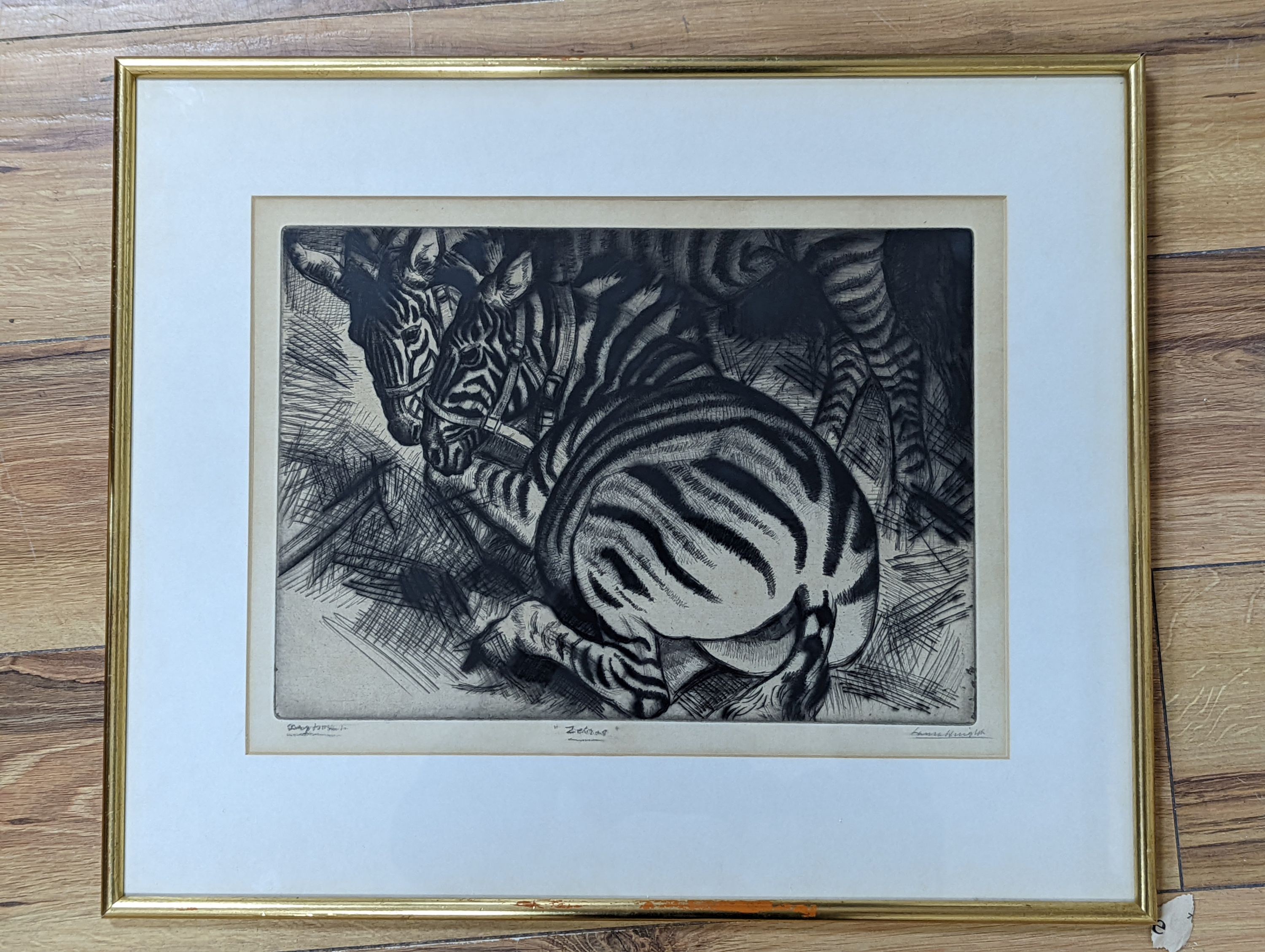 Dame Laura Knight (1877-1970), etching, Zebras, signed in pencil, Upper Grosvenor Galleries label verso, 25 x 35cm